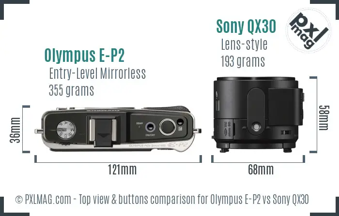 Olympus E-P2 vs Sony QX30 top view buttons comparison