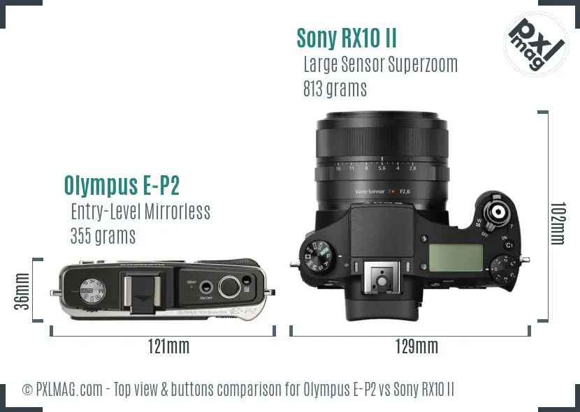 Olympus E-P2 vs Sony RX10 II top view buttons comparison