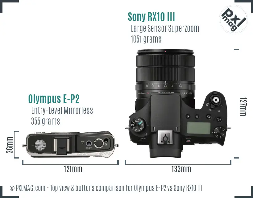 Olympus E-P2 vs Sony RX10 III top view buttons comparison