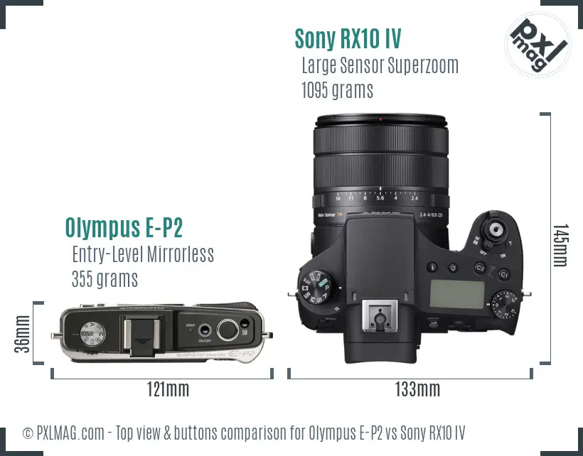 Olympus E-P2 vs Sony RX10 IV top view buttons comparison