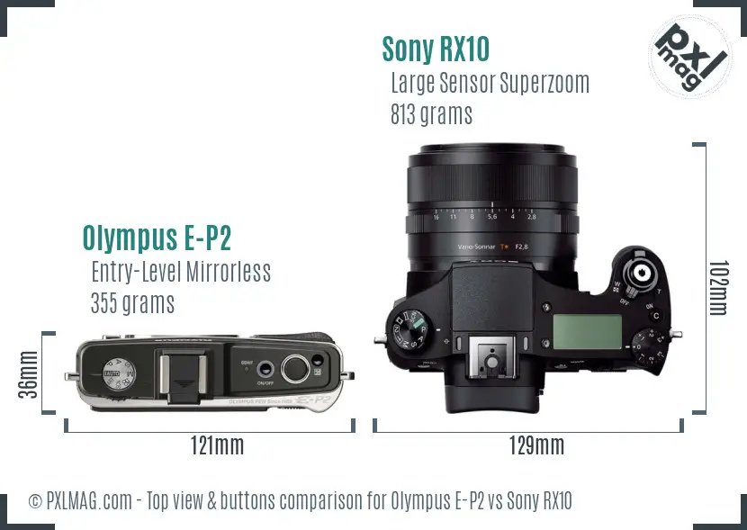 Olympus E-P2 vs Sony RX10 top view buttons comparison