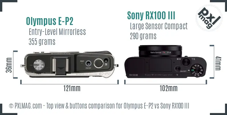 Olympus E-P2 vs Sony RX100 III top view buttons comparison