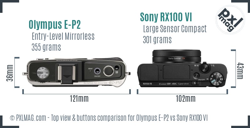 Olympus E-P2 vs Sony RX100 VI top view buttons comparison