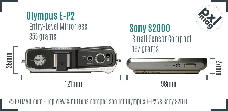 Olympus E-P2 vs Sony S2000 top view buttons comparison
