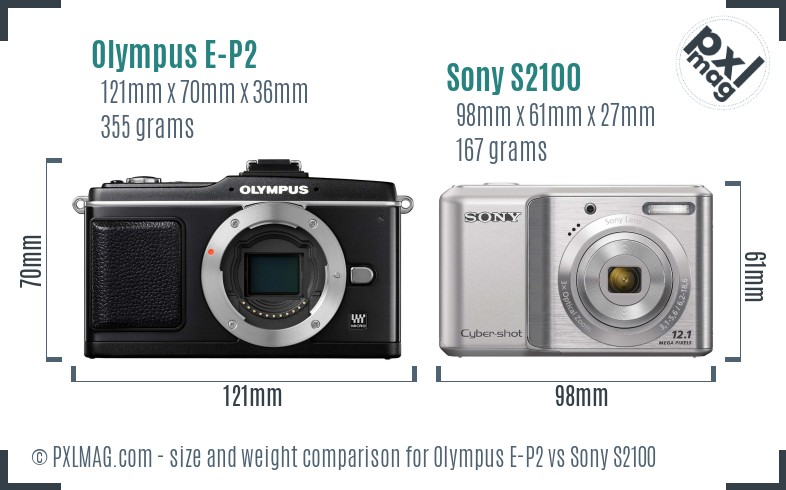 Olympus E-P2 vs Sony S2100 size comparison