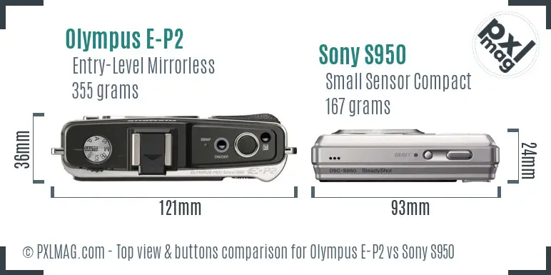Olympus E-P2 vs Sony S950 top view buttons comparison