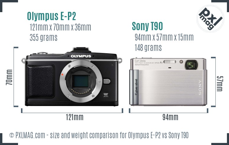 Olympus E-P2 vs Sony T90 size comparison