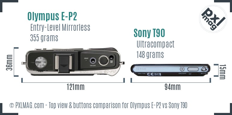 Olympus E-P2 vs Sony T90 top view buttons comparison