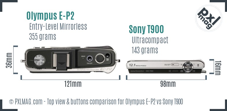 Olympus E-P2 vs Sony T900 top view buttons comparison
