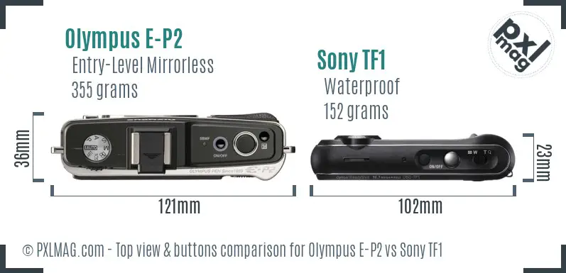 Olympus E-P2 vs Sony TF1 top view buttons comparison