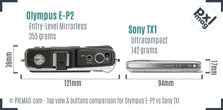 Olympus E-P2 vs Sony TX1 top view buttons comparison