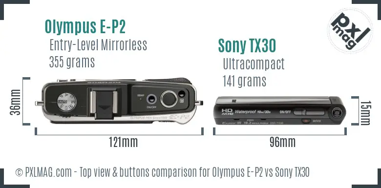 Olympus E-P2 vs Sony TX30 top view buttons comparison Olympus E-P2 vs Sony TX30 top view buttons comparison