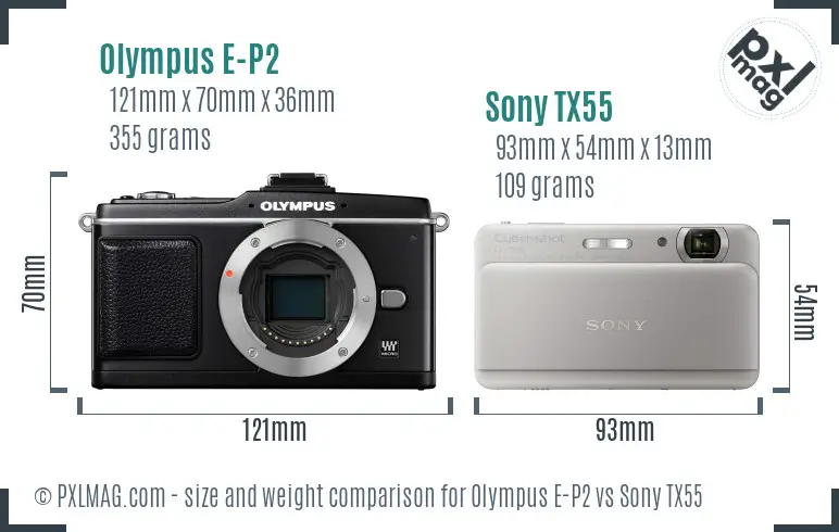 Olympus E-P2 vs Sony TX55 size comparison