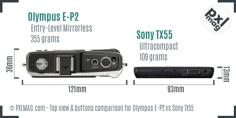 Olympus E-P2 vs Sony TX55 top view buttons comparison