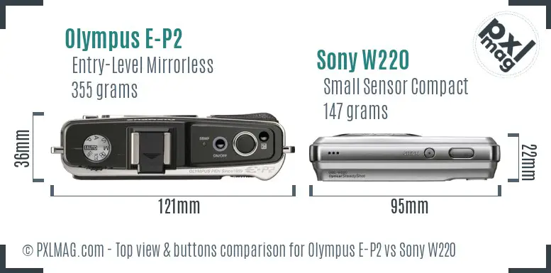 Olympus E-P2 vs Sony W220 top view buttons comparison