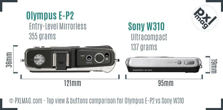 Olympus E-P2 vs Sony W310 top view buttons comparison