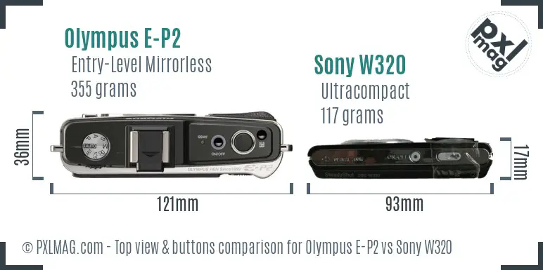 Olympus E-P2 vs Sony W320 top view buttons comparison Olympus E-P2 vs Sony W320 top view buttons comparison