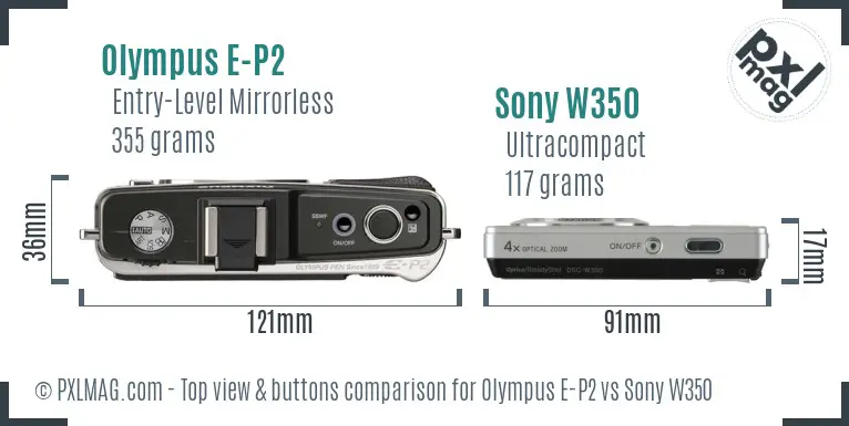 Olympus E-P2 vs Sony W350 top view buttons comparison