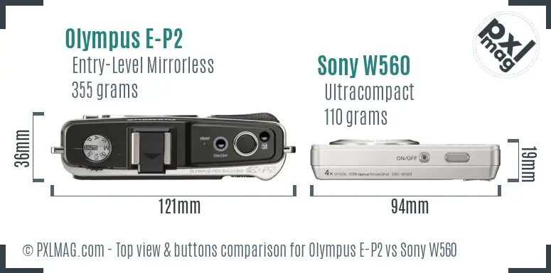 Olympus E-P2 vs Sony W560 top view buttons comparison