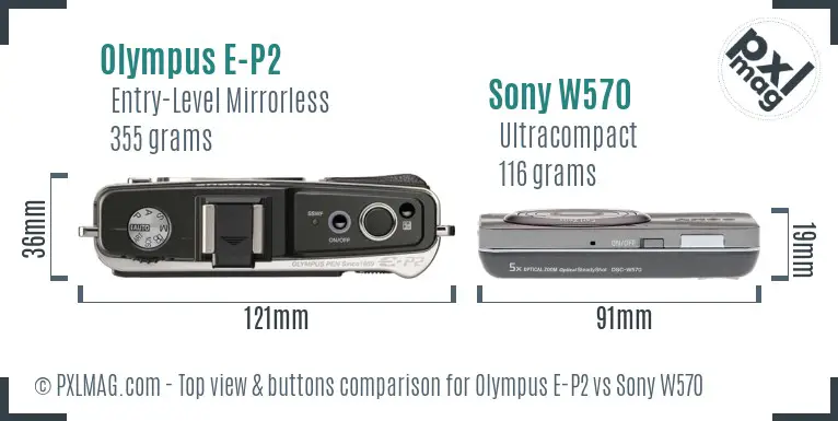 Olympus E-P2 vs Sony W570 top view buttons comparison