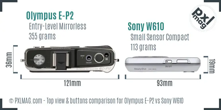 Olympus E-P2 vs Sony W610 top view buttons comparison