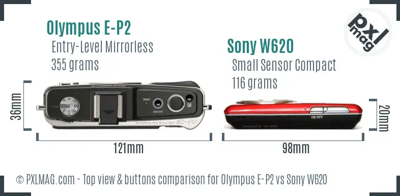 Olympus E-P2 vs Sony W620 top view buttons comparison