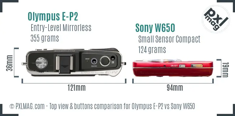 Olympus E-P2 vs Sony W650 top view buttons comparison
