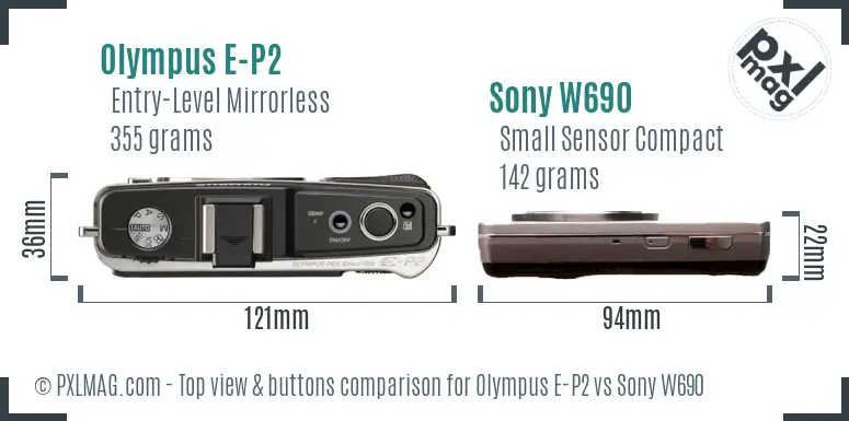 Olympus E-P2 vs Sony W690 top view buttons comparison Olympus E-P2 vs Sony W690 top view buttons comparison