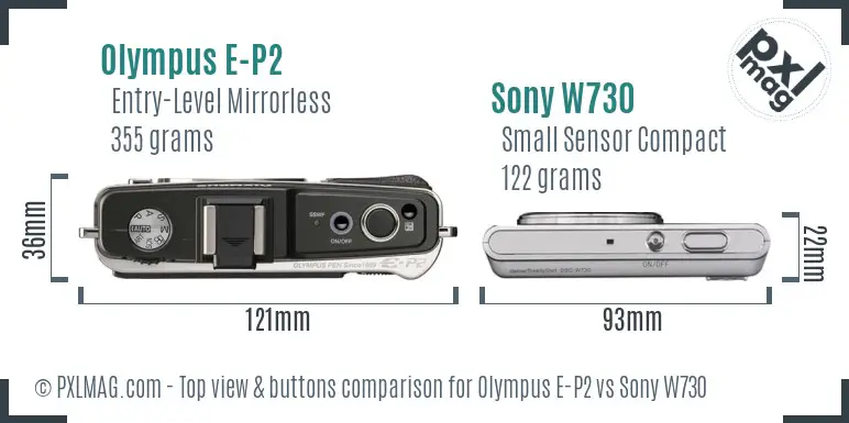 Olympus E-P2 vs Sony W730 top view buttons comparison