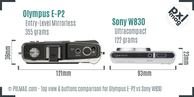 Olympus E-P2 vs Sony W830 top view buttons comparison