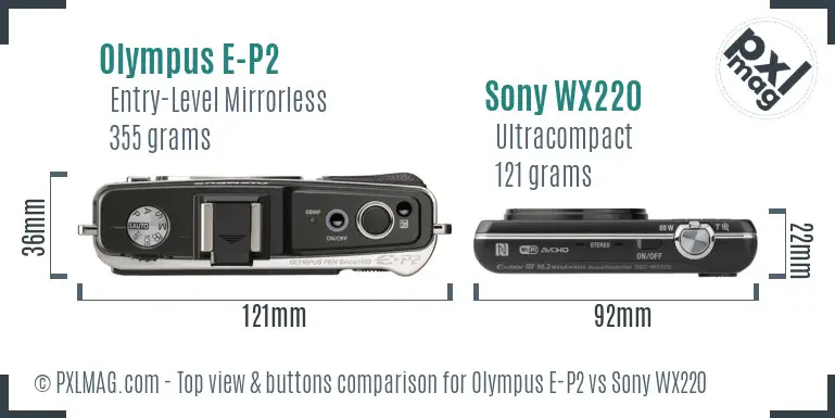 Olympus E-P2 vs Sony WX220 top view buttons comparison