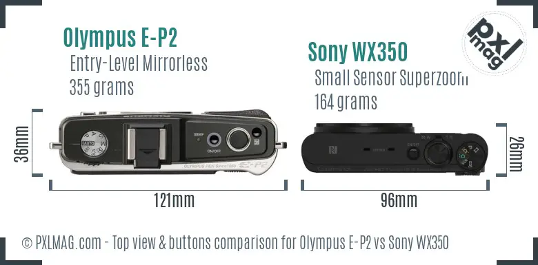 Olympus E-P2 vs Sony WX350 top view buttons comparison Olympus E-P2 vs Sony WX350 top view buttons comparison
