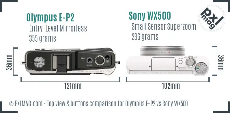 Olympus E-P2 vs Sony WX500 top view buttons comparison Olympus E-P2 vs Sony WX500 top view buttons comparison