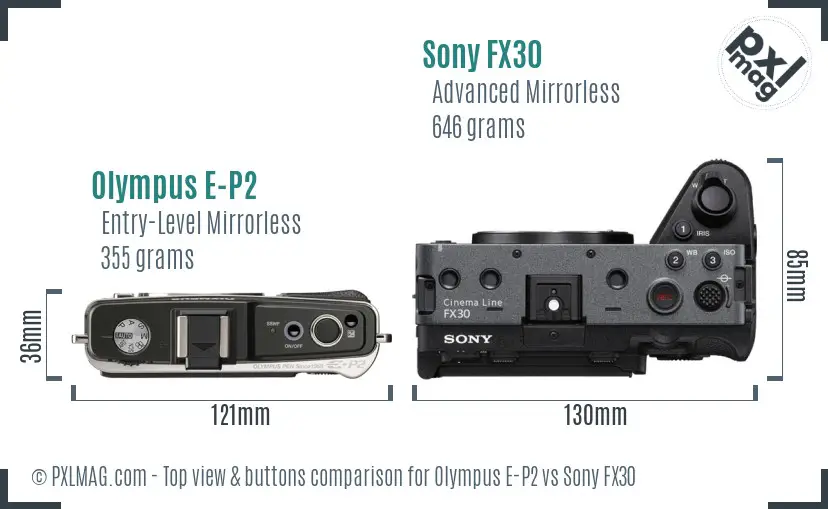 Olympus E-P2 vs Sony FX30 top view buttons comparison