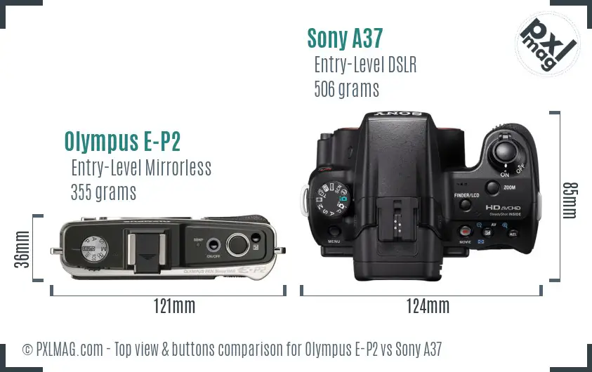 Olympus E-P2 vs Sony A37 top view buttons comparison