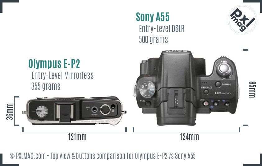 Olympus E-P2 vs Sony A55 top view buttons comparison