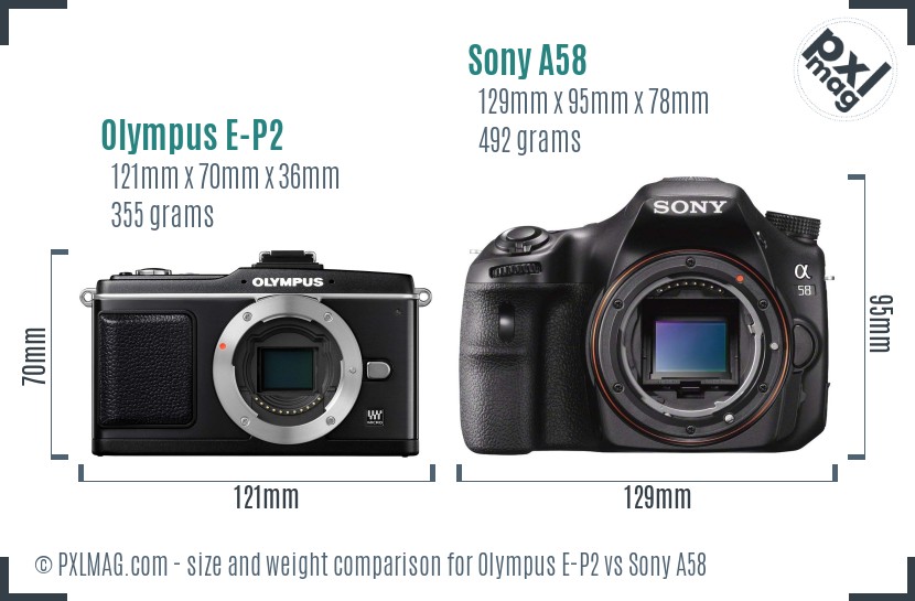 Olympus E-P2 vs Sony A58 size comparison Olympus E-P2 vs Sony A58 size comparison