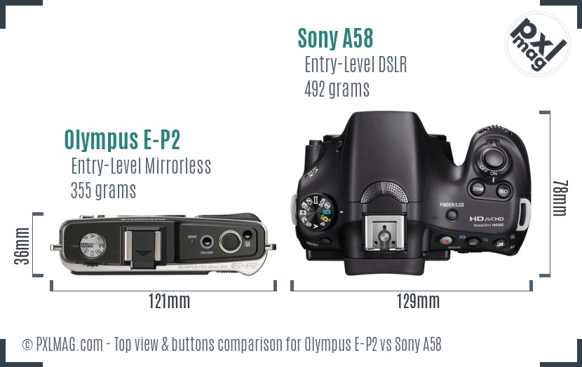 Olympus E-P2 vs Sony A58 top view buttons comparison
