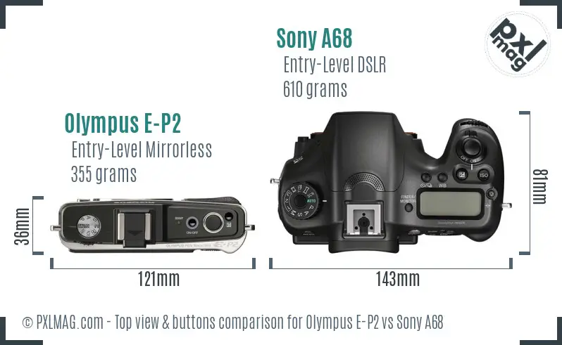 Olympus E-P2 vs Sony A68 top view buttons comparison