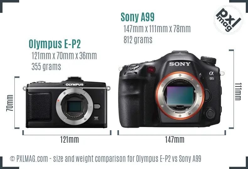 Olympus E-P2 vs Sony A99 size comparison