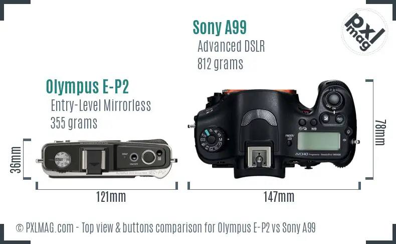 Olympus E-P2 vs Sony A99 top view buttons comparison