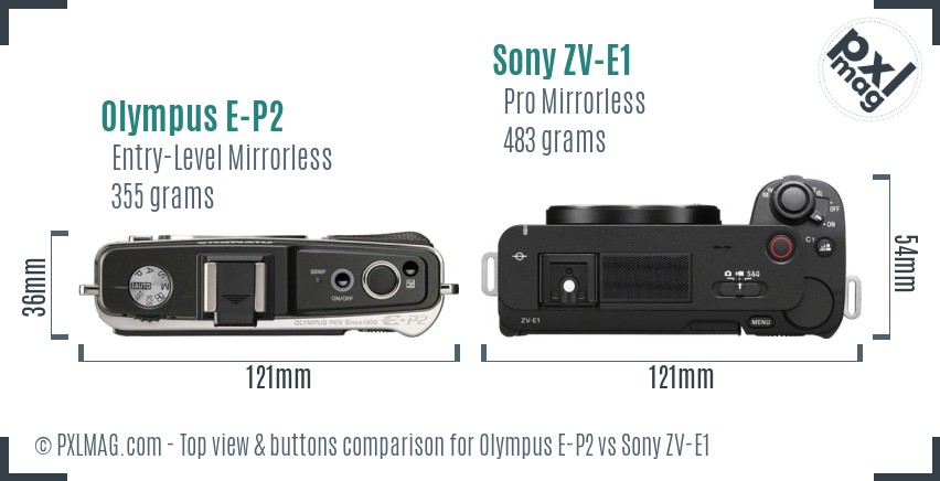 Olympus E-P2 vs Sony ZV-E1 top view buttons comparison