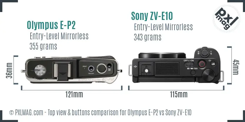 Olympus E-P2 vs Sony ZV-E10 top view buttons comparison