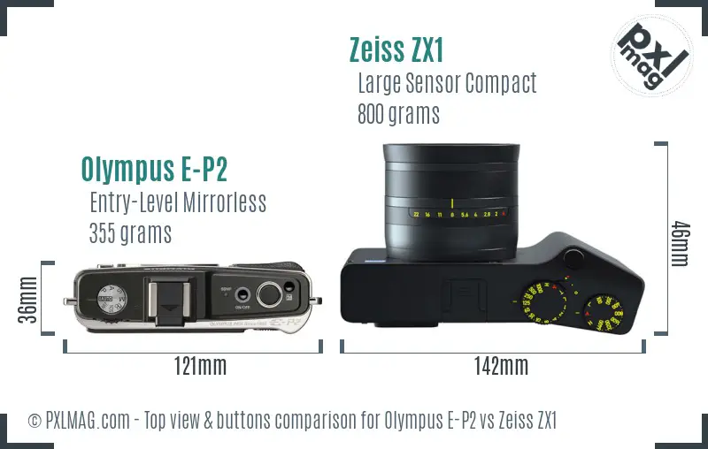 Olympus E-P2 vs Zeiss ZX1 top view buttons comparison