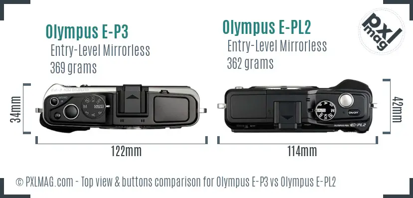 Olympus E-P3 vs Olympus E-PL2 top view buttons comparison