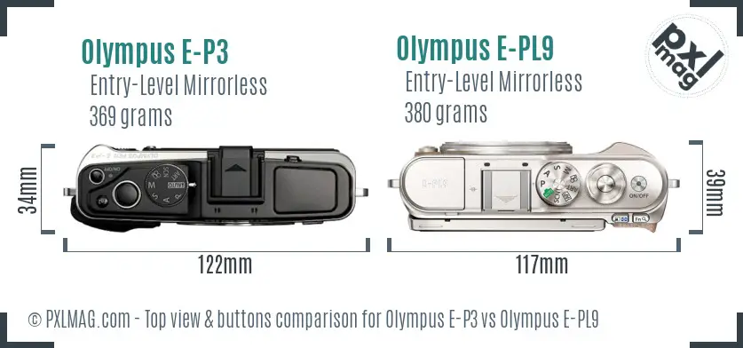 Olympus E-P3 vs Olympus E-PL9 top view buttons comparison