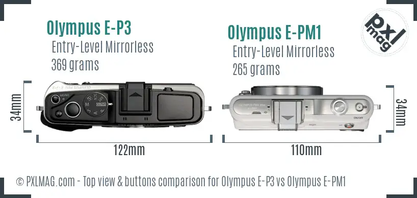 Olympus E-P3 vs Olympus E-PM1 top view buttons comparison