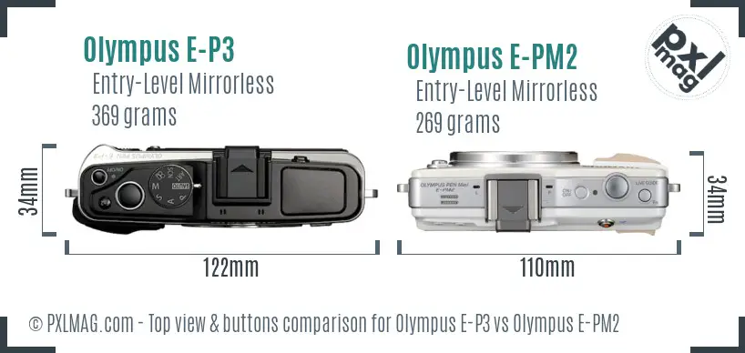 Olympus E-P3 vs Olympus E-PM2 top view buttons comparison