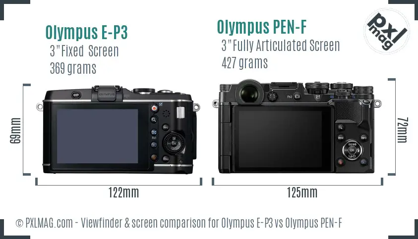 Olympus E-P3 vs Olympus PEN-F Screen and Viewfinder comparison