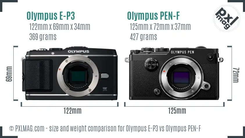 Olympus E-P3 vs Olympus PEN-F size comparison